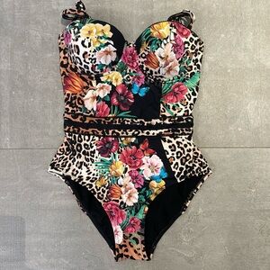 Johnny Was Tropical Leopard Print One-Piece Swimsuit with Floral Accents
